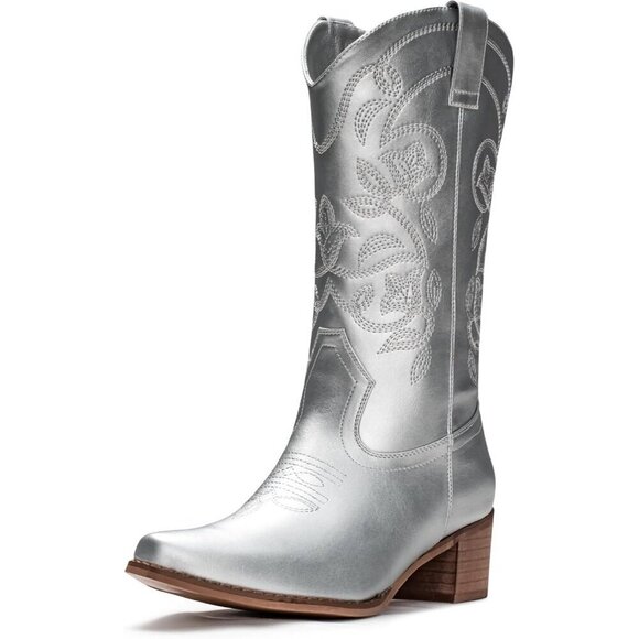 Shoes - Women's Silver Pointy Toe Faux Leather Western Cowgirl Mid Calf Boots